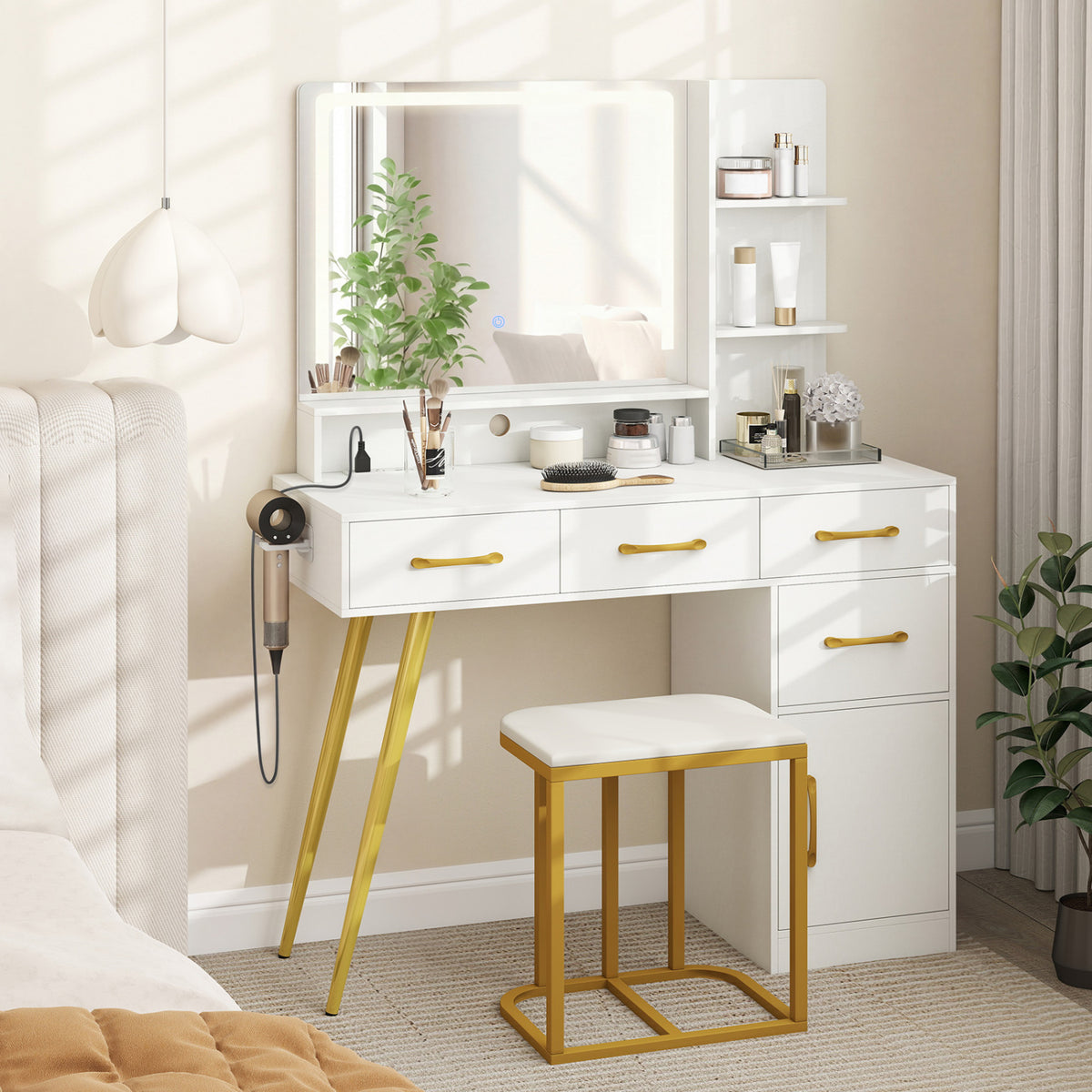 Vanity Set with Mirror and Lights and Table with Adjustable Brightness-White