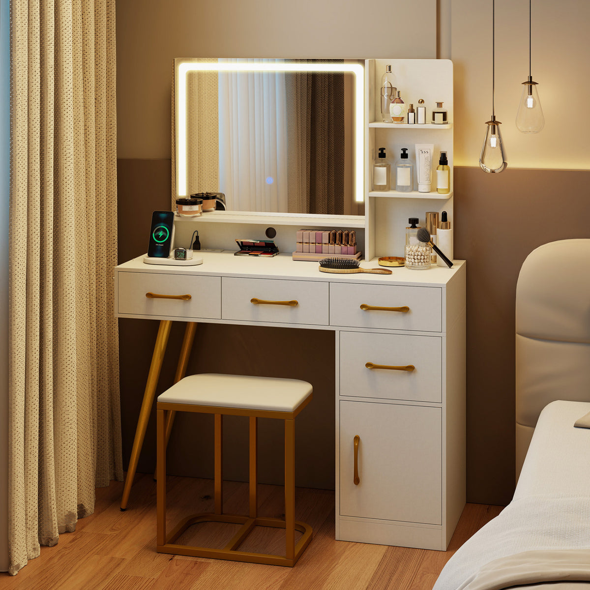 Vanity Set with Mirror and Lights and Table with Adjustable Brightness-White
