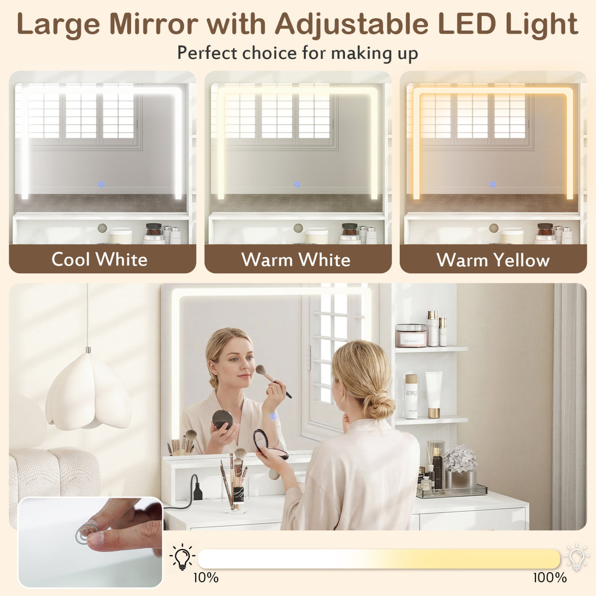 Vanity Set with Mirror and Lights and Table with Adjustable Brightness-White