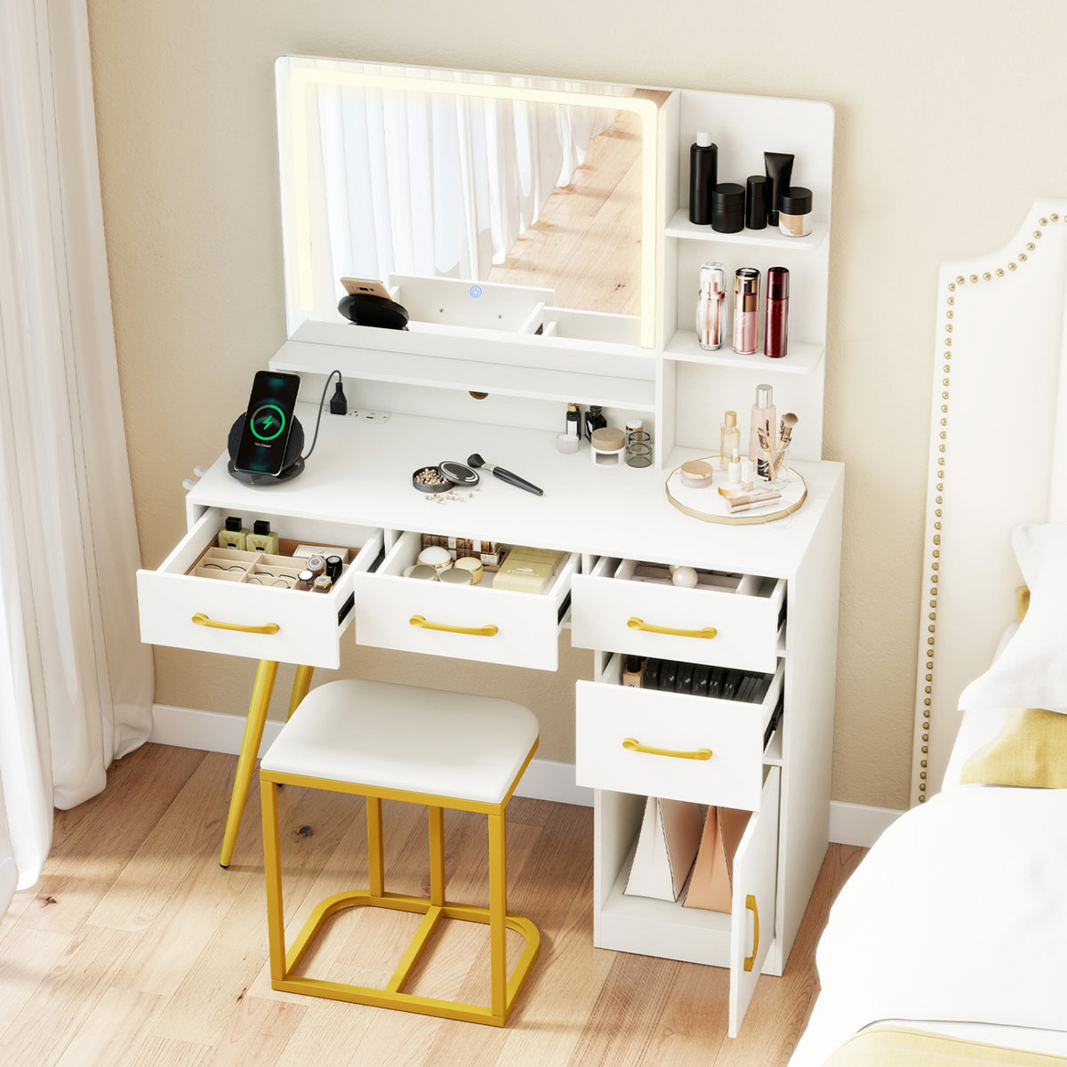 Vanity Set with Mirror and Lights and Table with Adjustable Brightness-White
