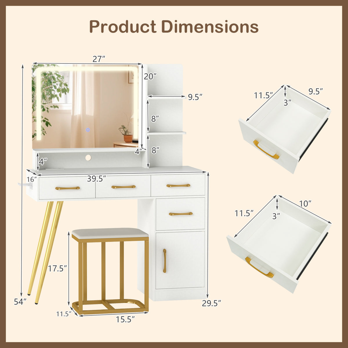 Vanity Set with Mirror and Lights and Table with Adjustable Brightness-White