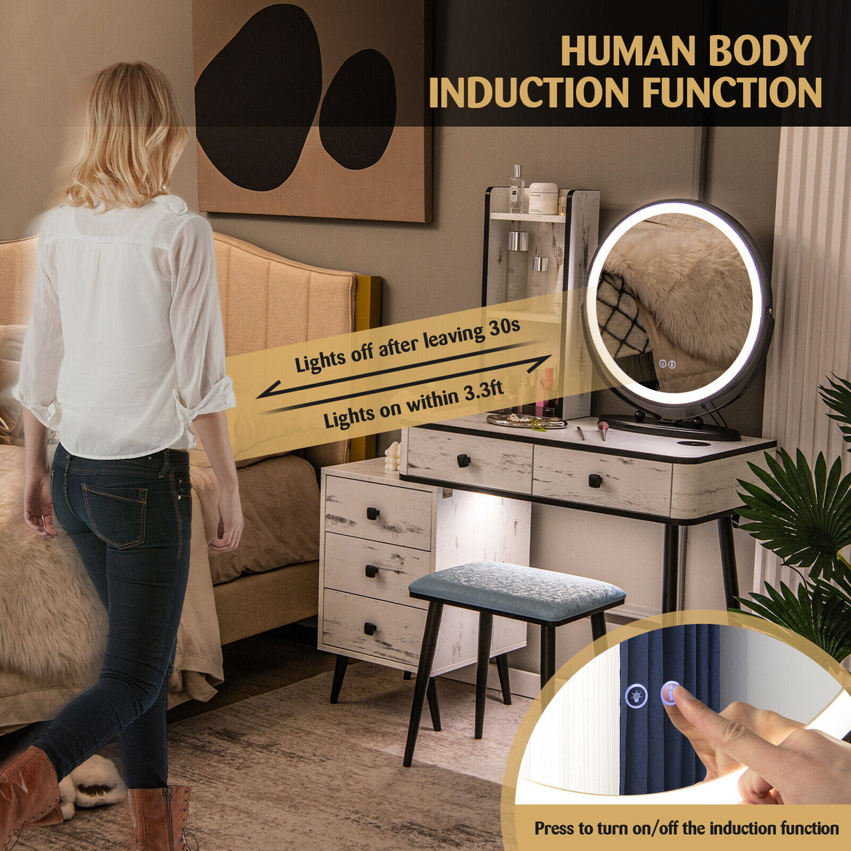 Vanity Table Set with 3-Color Lighted Mirror and Cushioned Stool