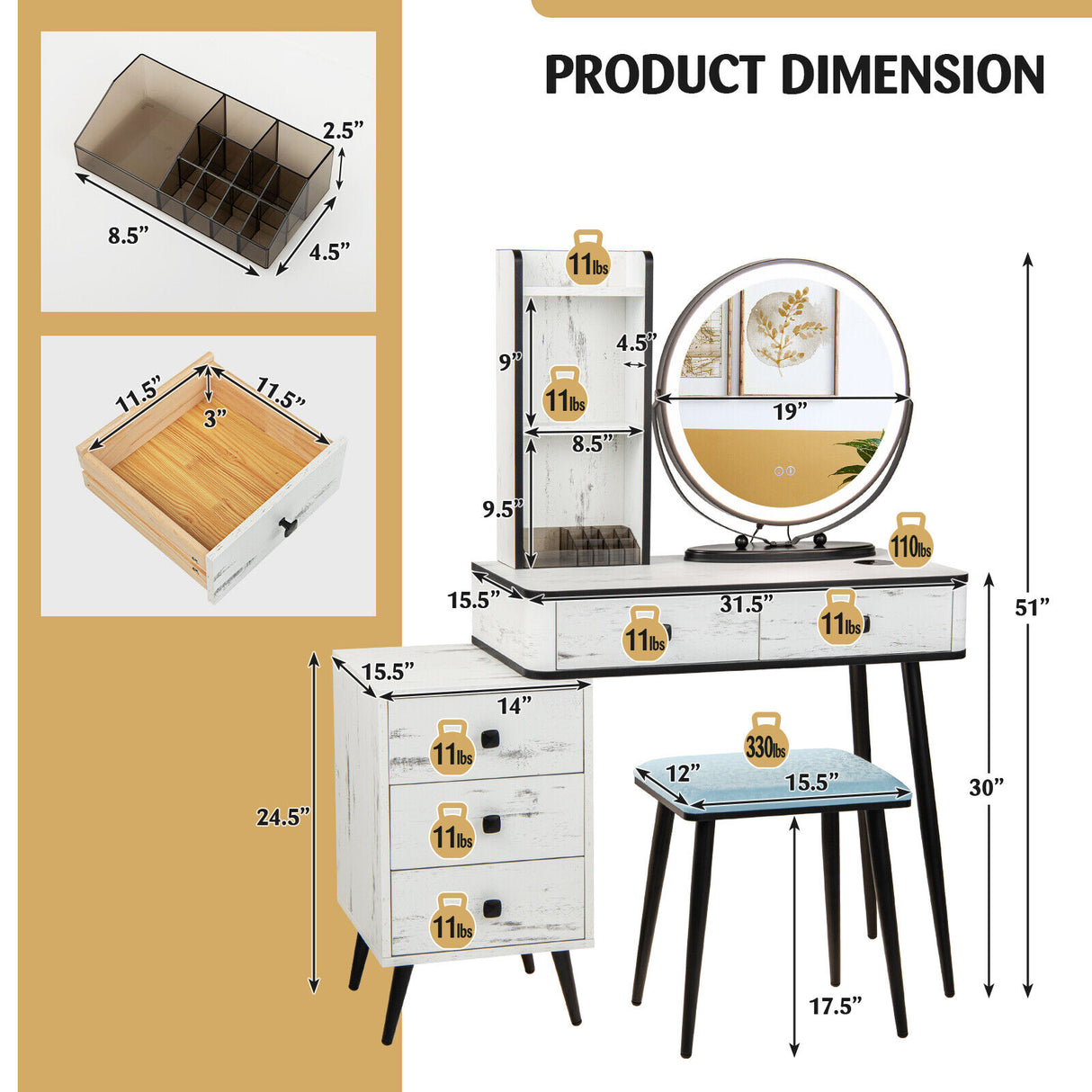 Vanity Table Set with 3-Color Lighted Mirror and Cushioned Stool