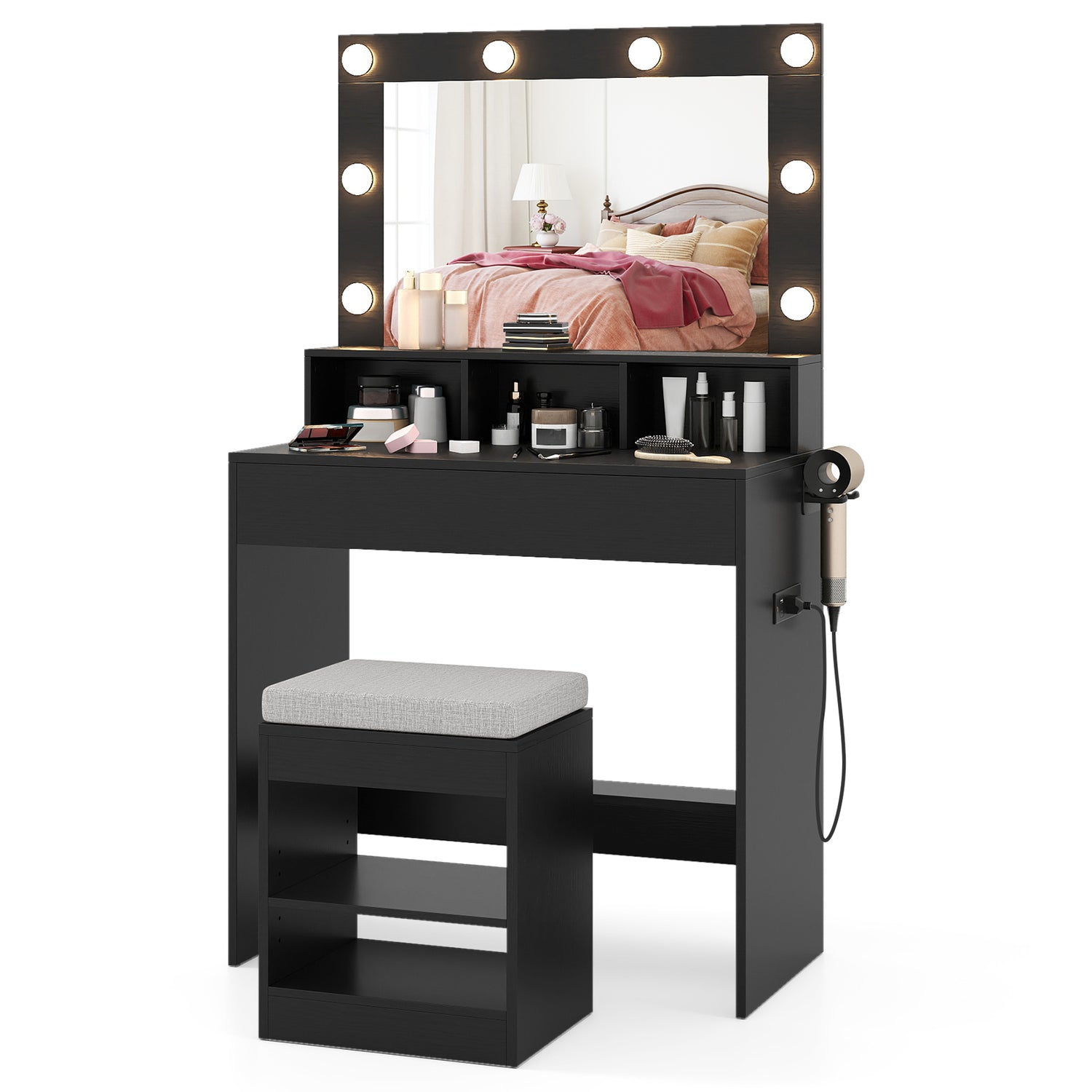 Vanity Table Set with Lighted Mirror and Cushion Stool-Black