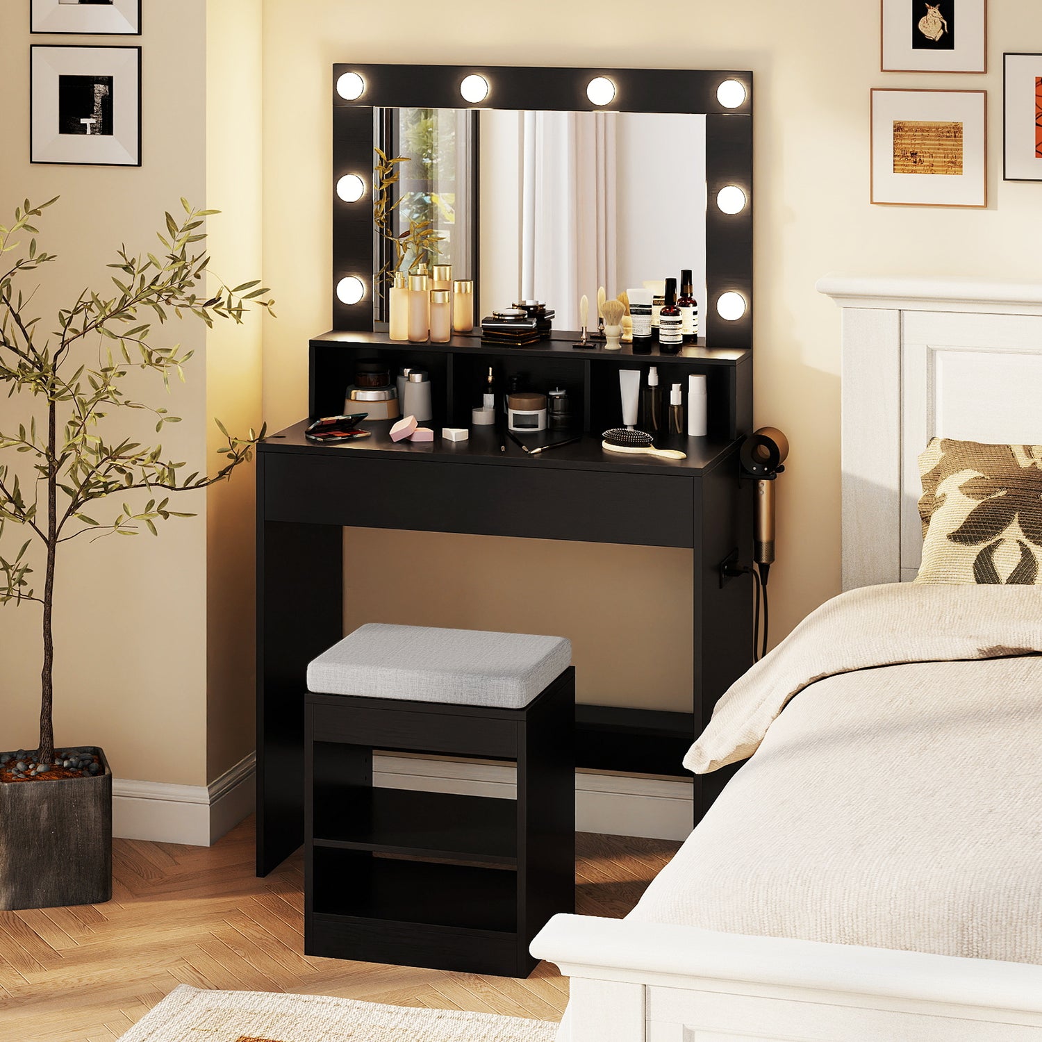 Vanity Table Set with Lighted Mirror and Cushion Stool-Black