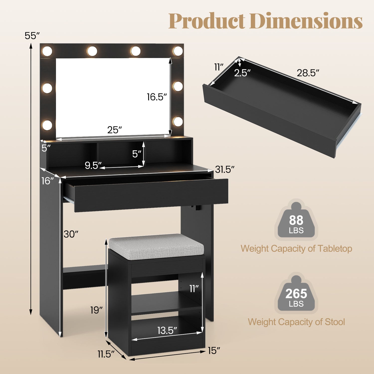 Vanity Table Set with Lighted Mirror and Cushion Stool-Black