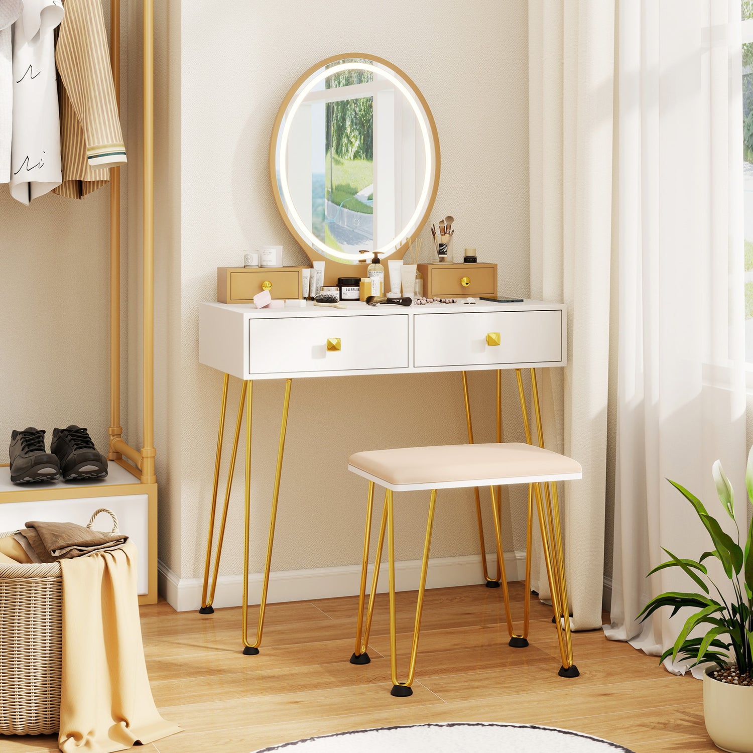 Vanity Table Set with 3-Color Lighted Dimmable Mirror