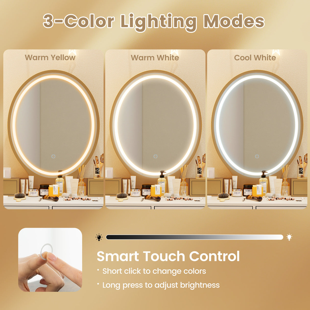 Vanity Table Set with 3-Color Lighted Dimmable Mirror