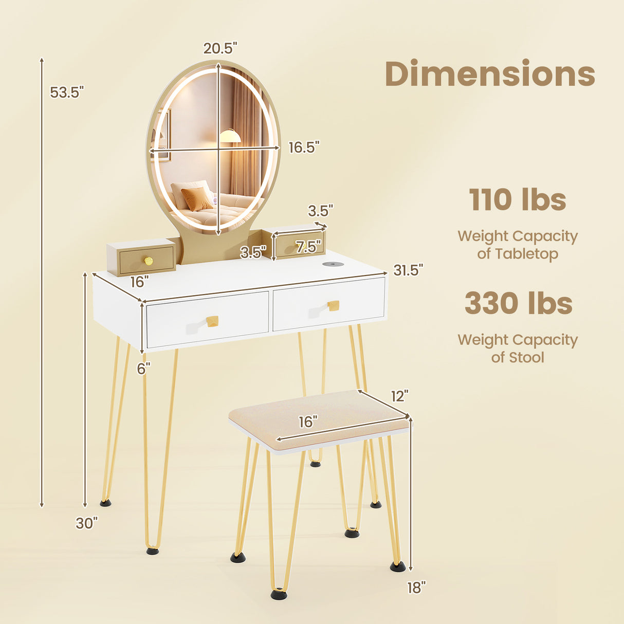 Vanity Table Set with 3-Color Lighted Dimmable Mirror
