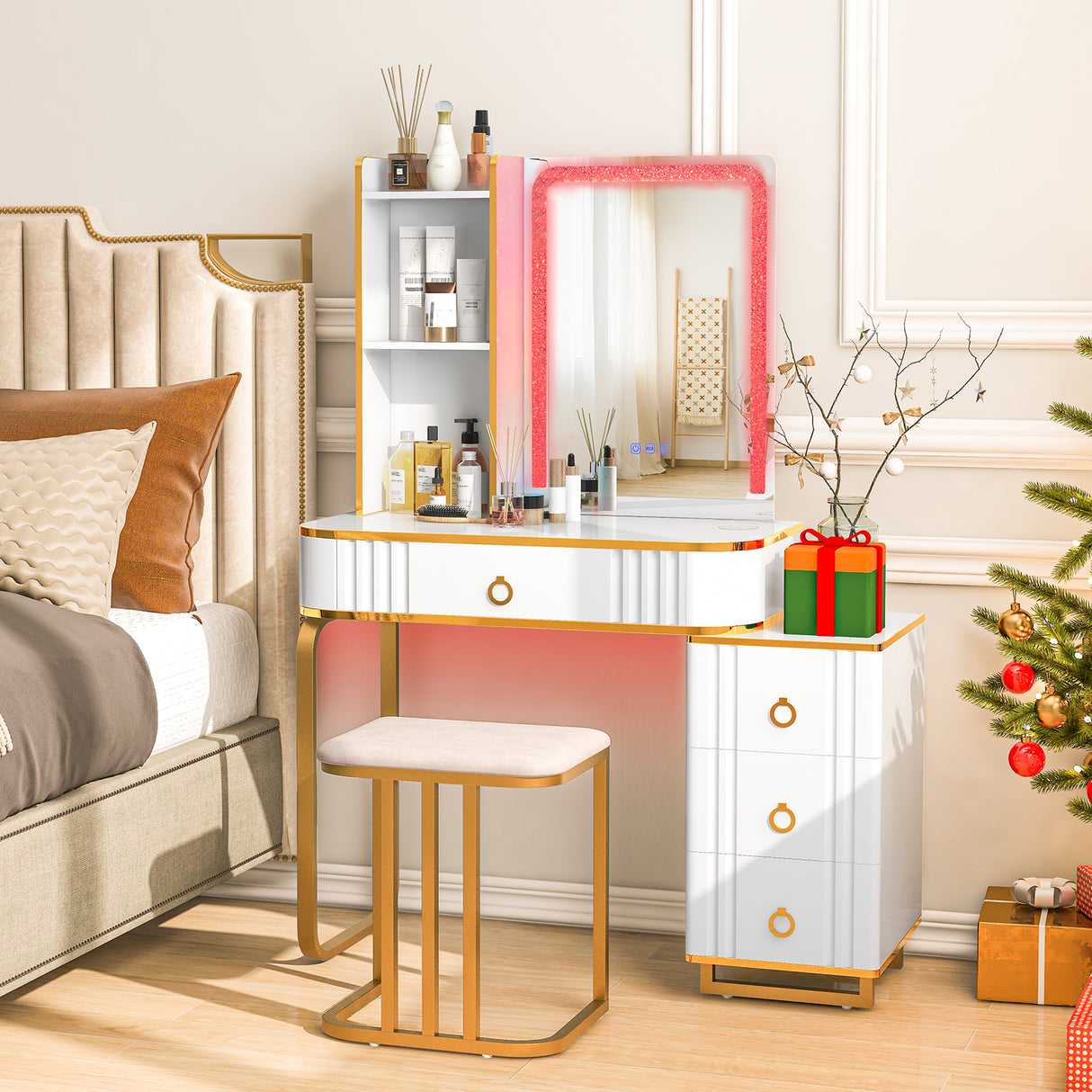 Vanity Table Set with RGB LED Lights and Wireless Charging Station