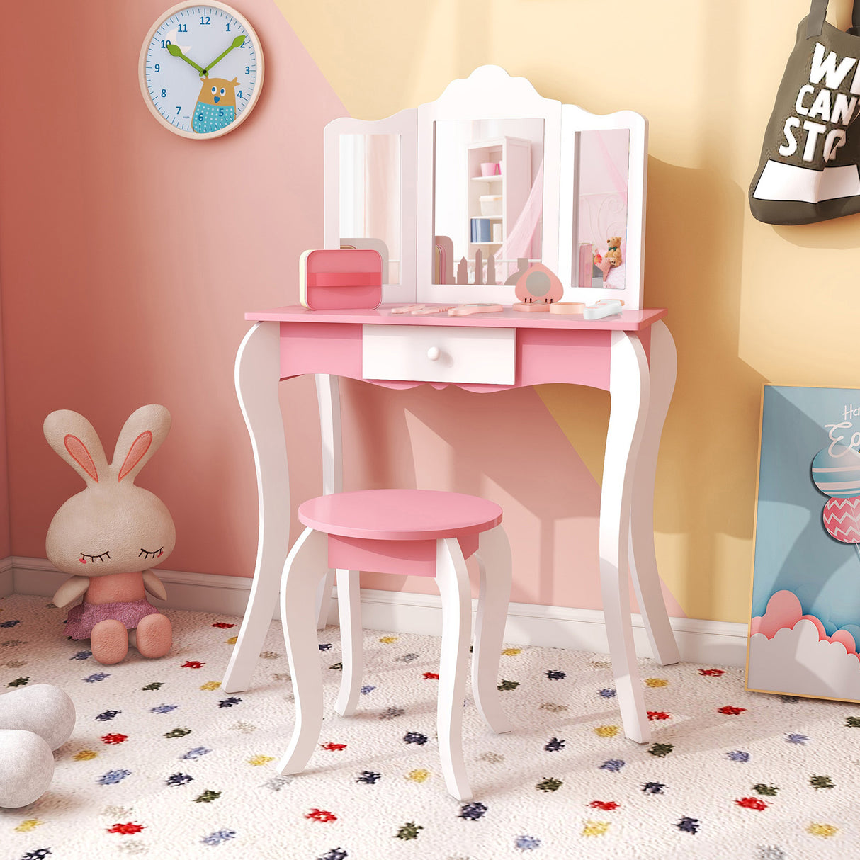 Kid's Wooden Vanity Table and Stool Set with 3-Panel Acrylic Mirror-White