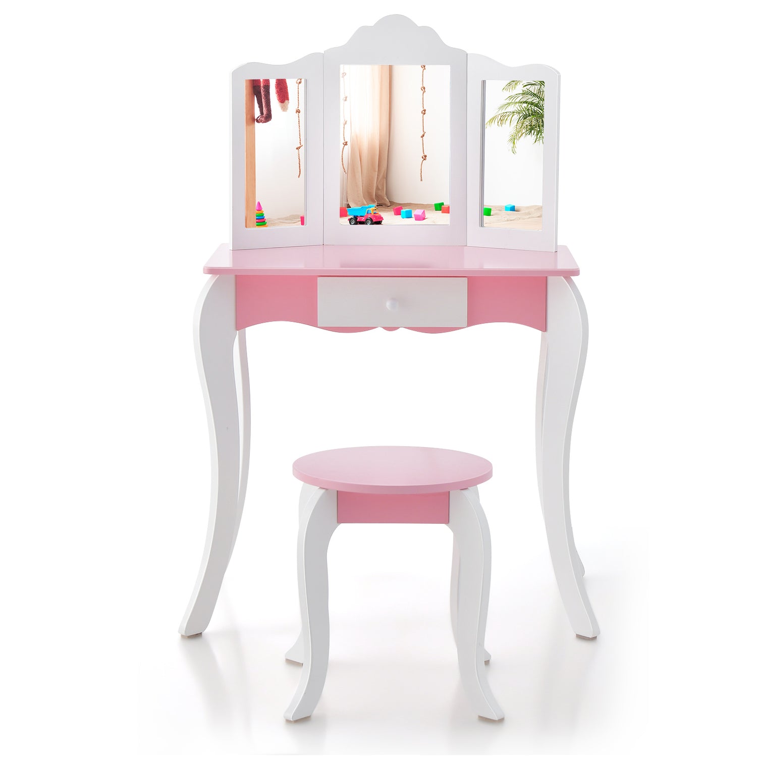 Kid's Wooden Vanity Table and Stool Set with 3-Panel Acrylic Mirror-White