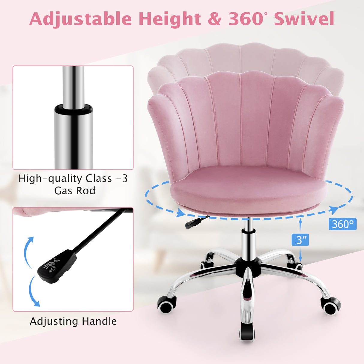 Adjustable Vanity Velvet Chair with Seashell Back and Wheels-Pink