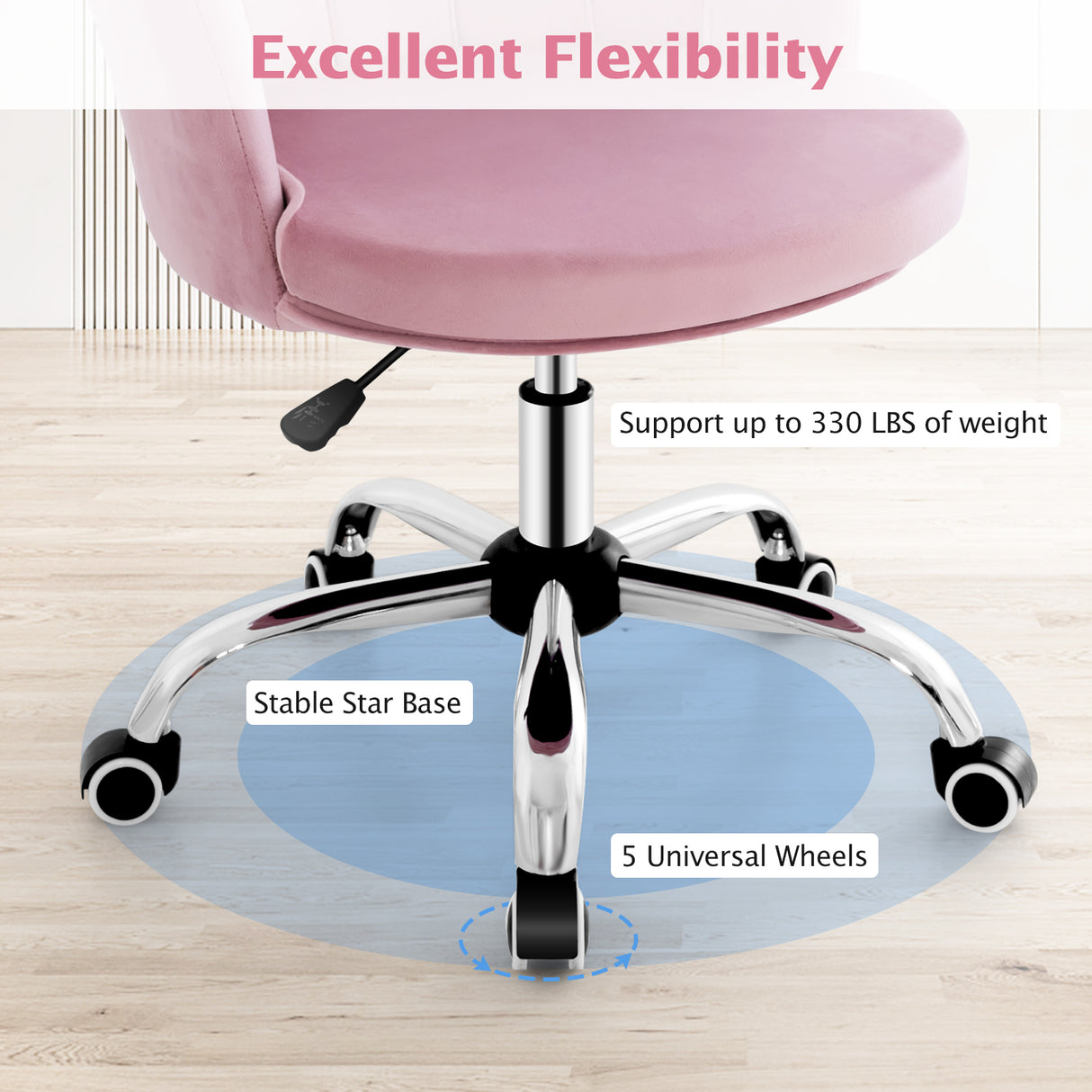 Adjustable Vanity Velvet Chair with Seashell Back and Wheels-Pink