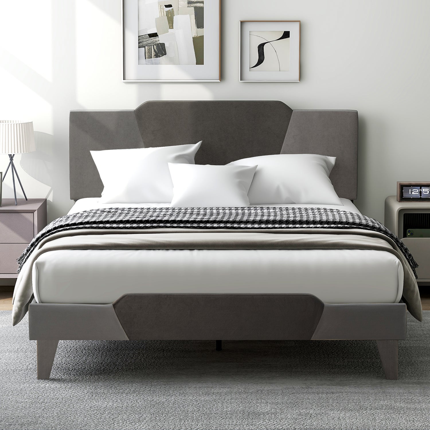 Full/Queen/Twin Velvet Upholstered Bed Frame with High Headboard