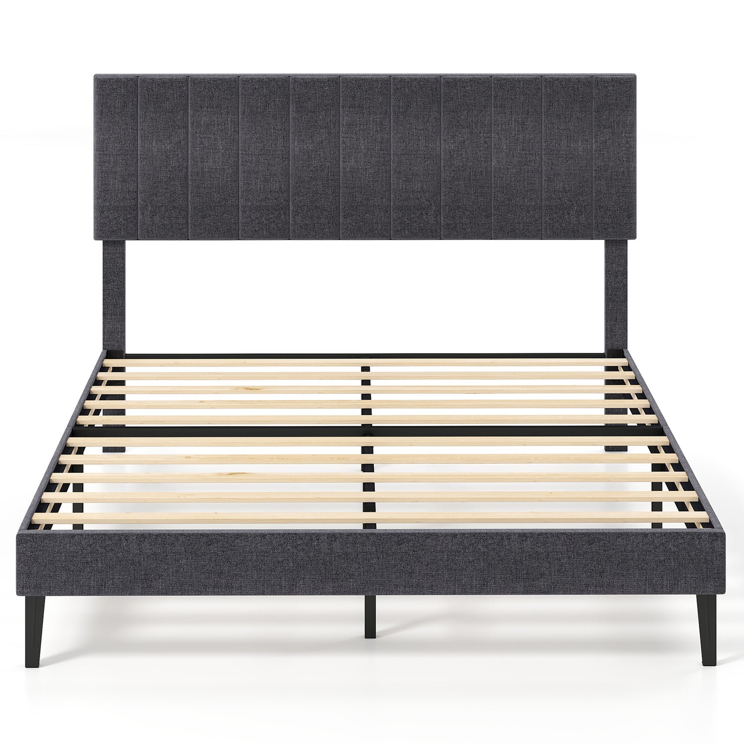 Velvet Upholstered Platform Bed with Height Adjustable Vertical Channel Headboard