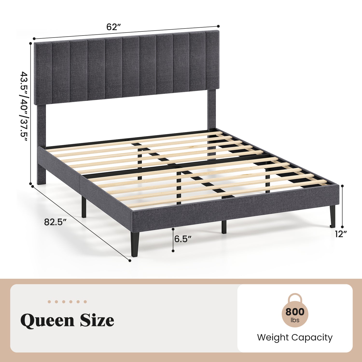 Velvet Upholstered Platform Bed with Height Adjustable Vertical Channel Headboard
