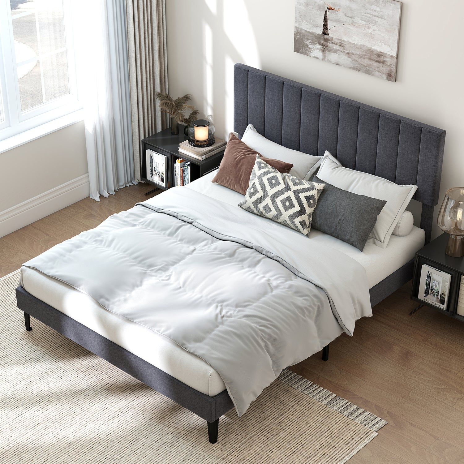 Velvet Upholstered Platform Bed with Height Adjustable Vertical Channel Headboard