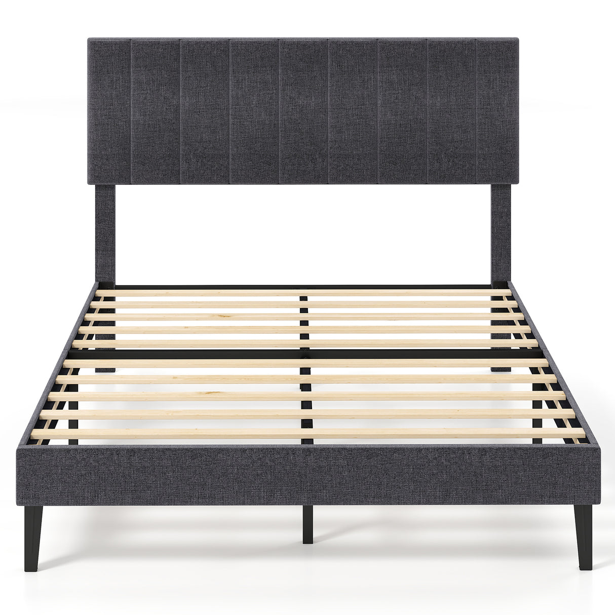 Velvet Upholstered Platform Bed with Height Adjustable Vertical Channel Headboard