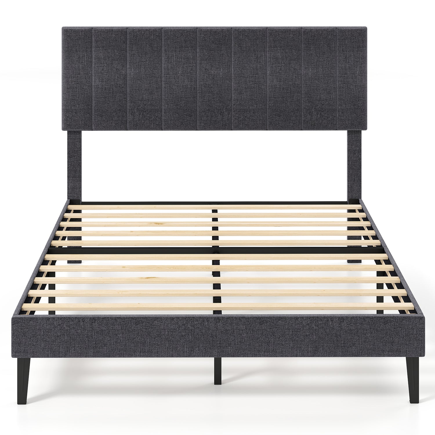 Velvet Upholstered Platform Bed with Height Adjustable Vertical Channel Headboard