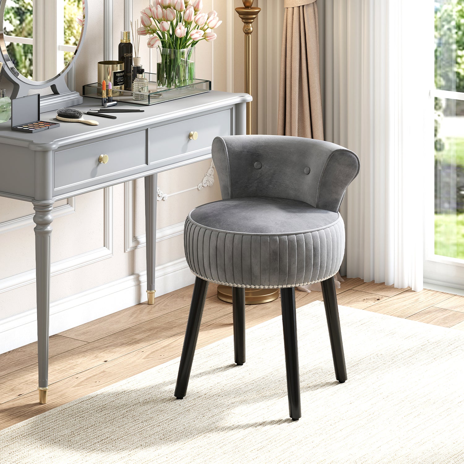 Velvet Vanity Chair with Back Upholstered Vanity Stool with Tufted Low Back and Solid Wood Legs
