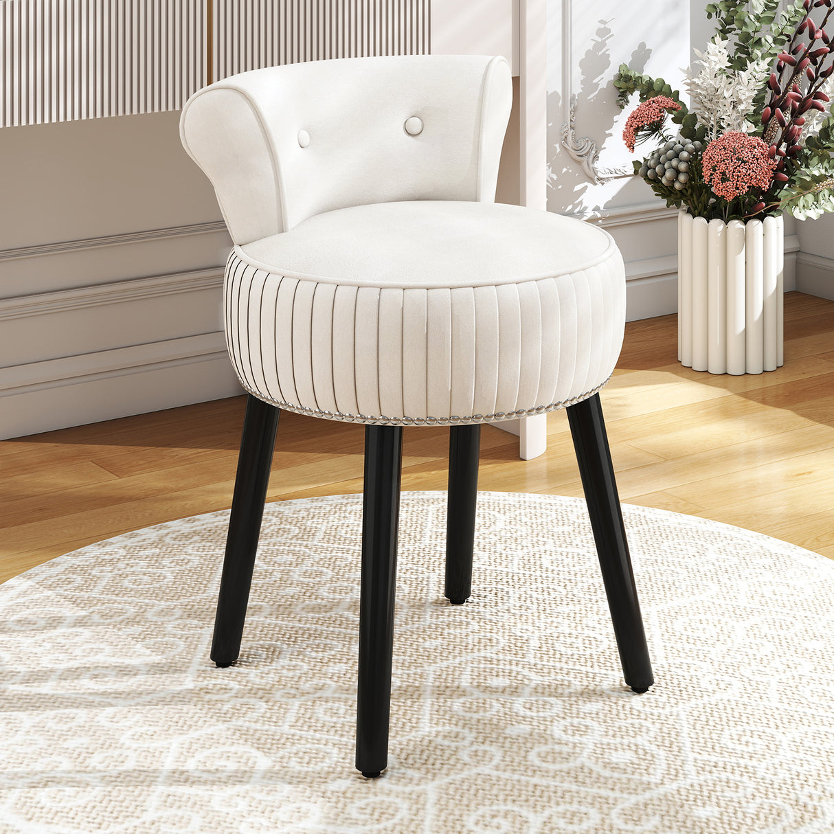 Velvet Vanity Chair with Back Upholstered Vanity Stool with Tufted Low Back and Solid Wood Legs