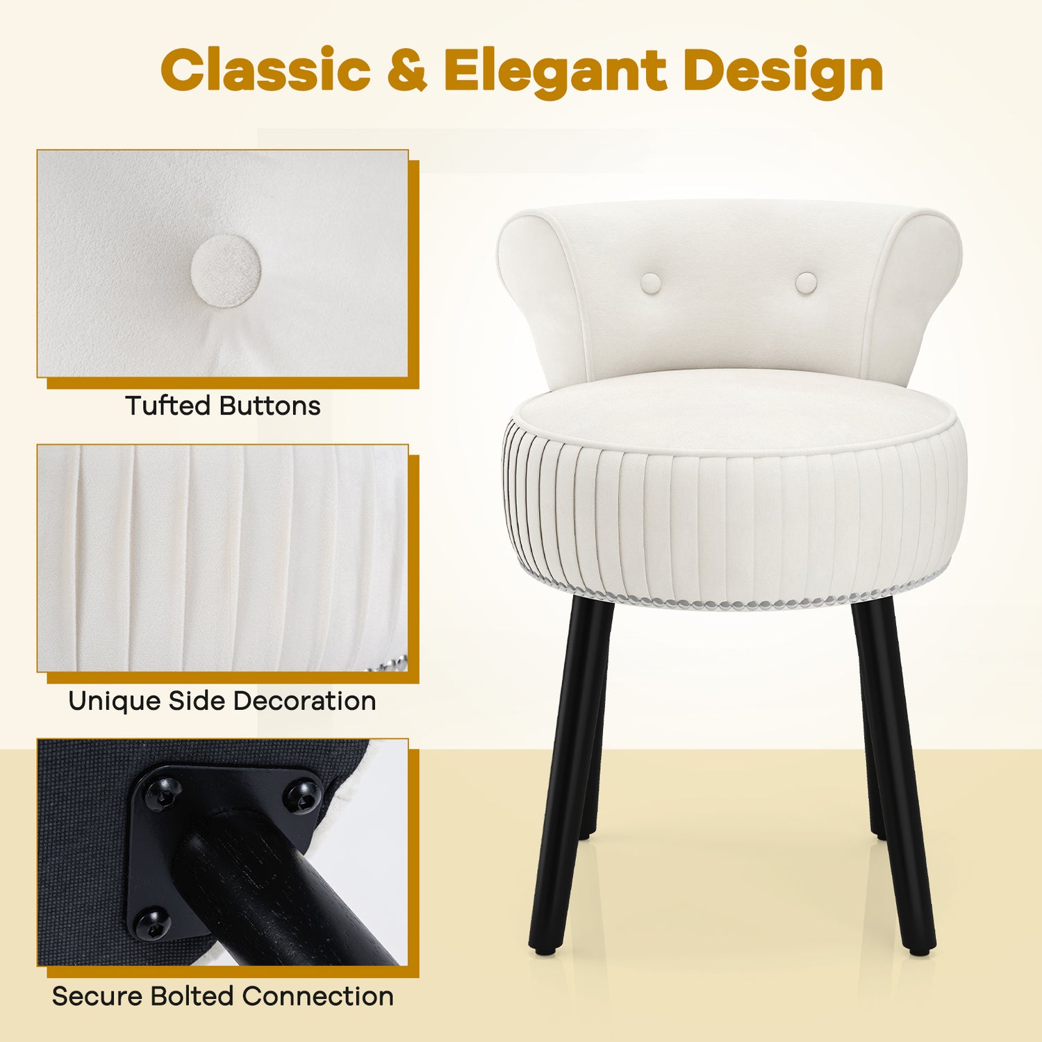 Velvet Vanity Chair with Back Upholstered Vanity Stool with Tufted Low Back and Solid Wood Legs
