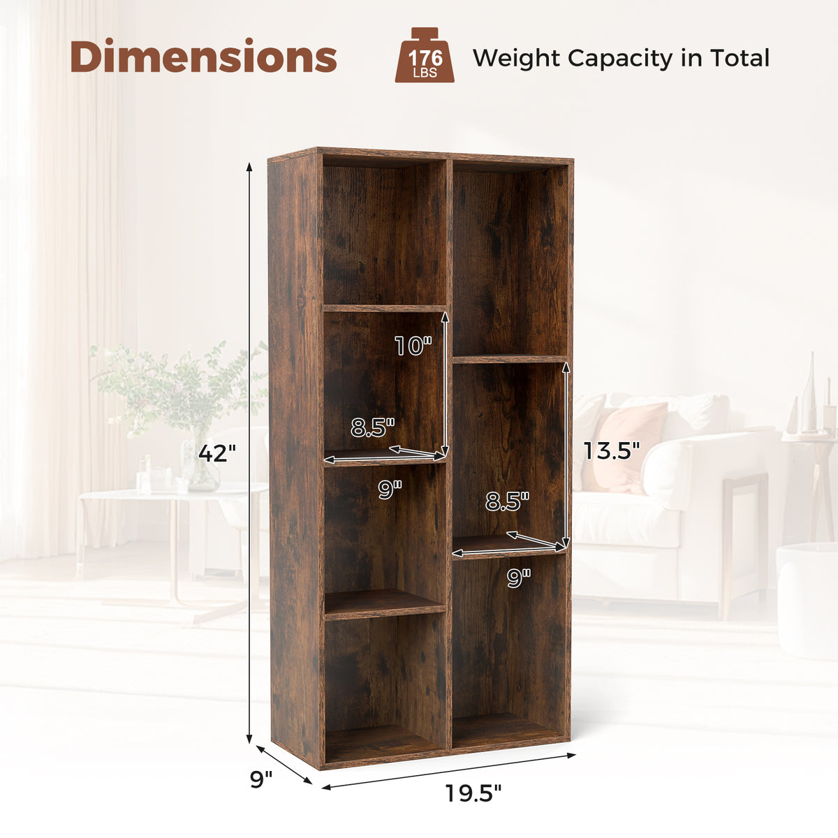 Vertical or Horizontal Freestanding Bookshelf with 7 Compartments