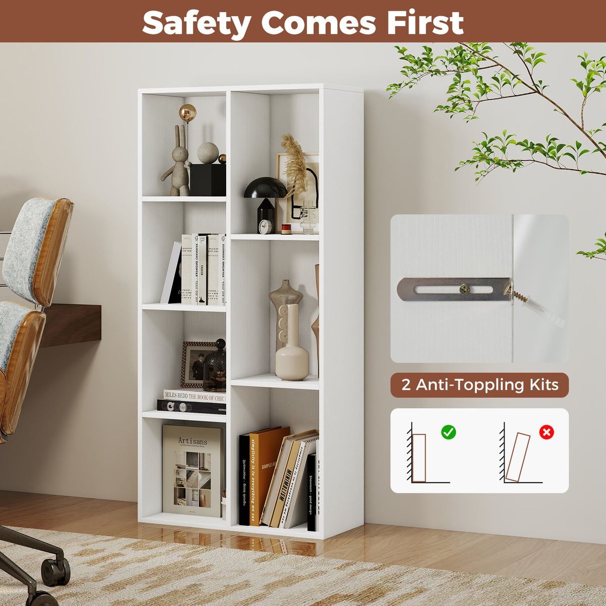 Vertical or Horizontal Freestanding Bookshelf with 7 Compartments