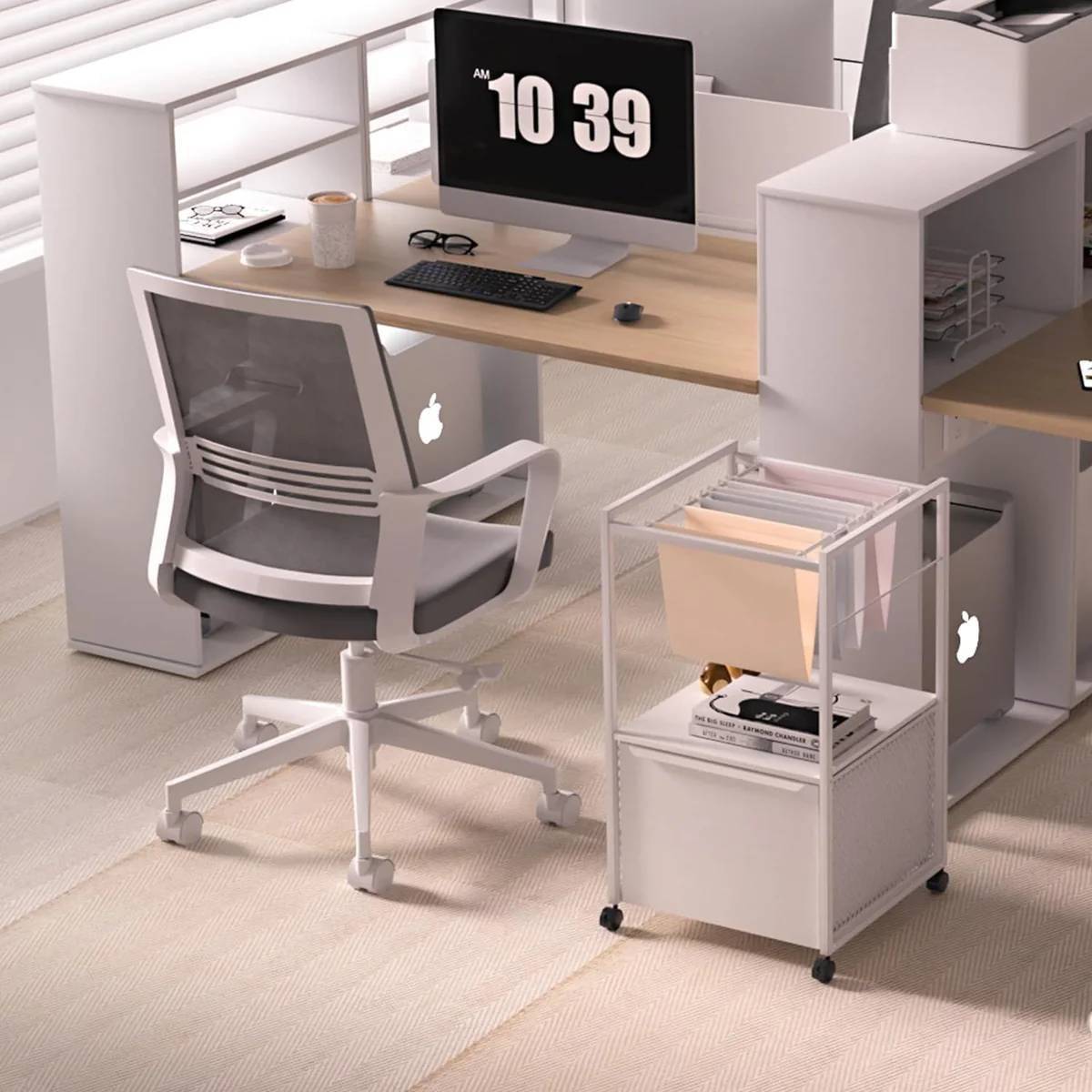 White Metal Wood Rolling File Cabinet with Open File Hanging Bar