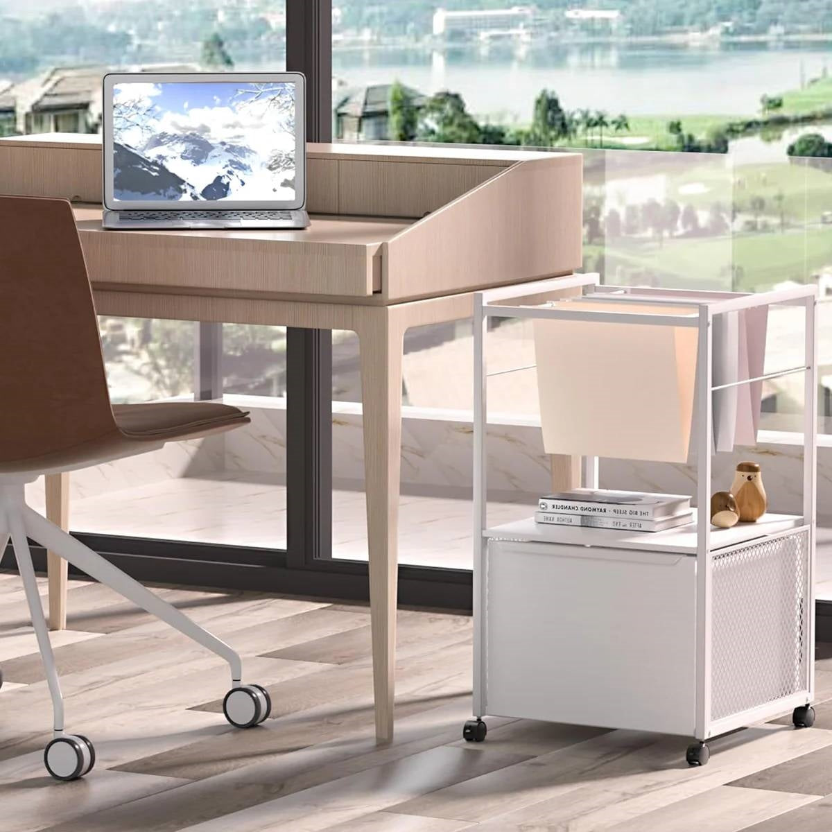 White Metal Wood Rolling File Cabinet with Open File Hanging Bar