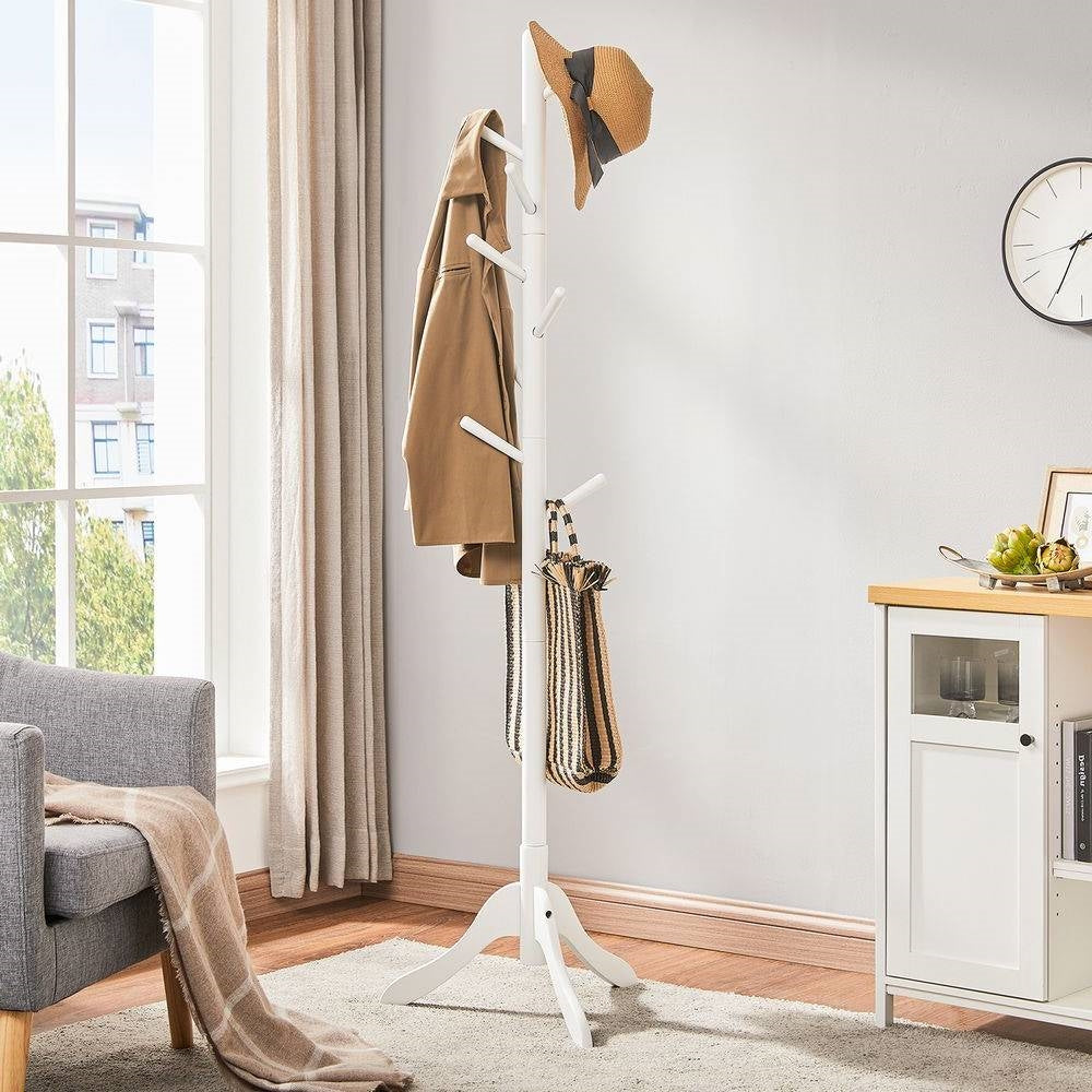 Modern Solid Wood Coat Rack in White Finish with 8 Hooks