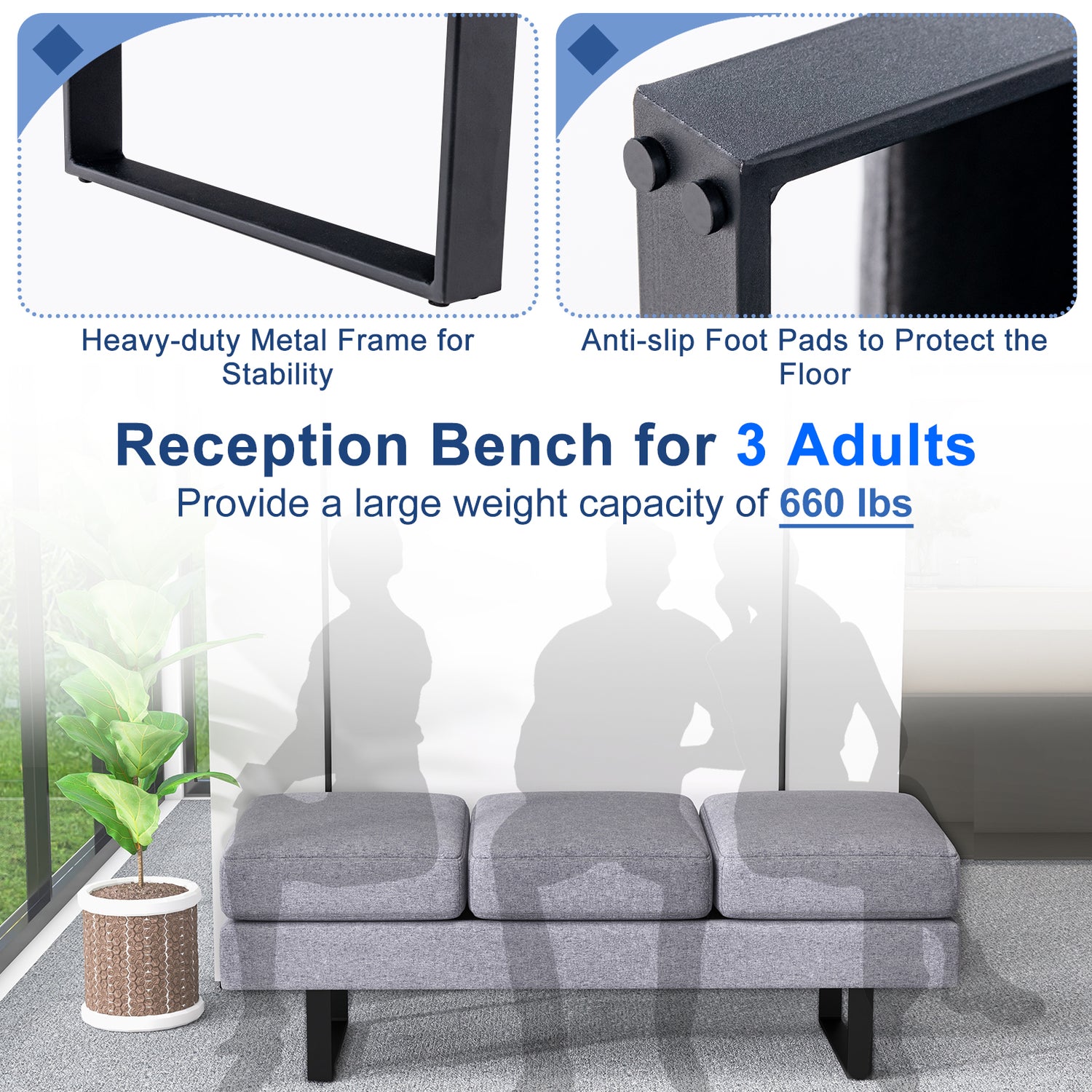 Waiting Room Bench Seating Long Bench with Metal Frame Leg