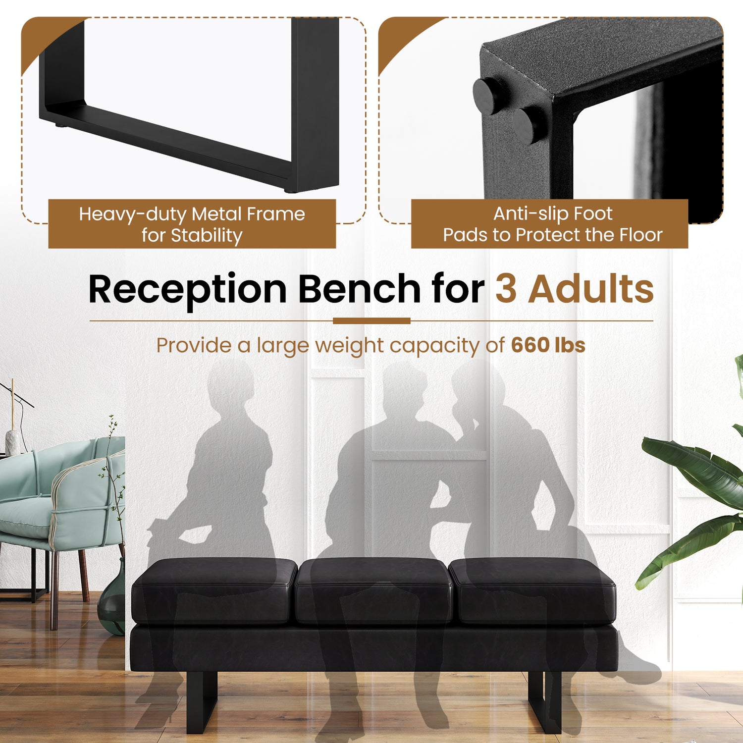 Waiting Room Bench Seating Long Bench with Metal Frame Leg