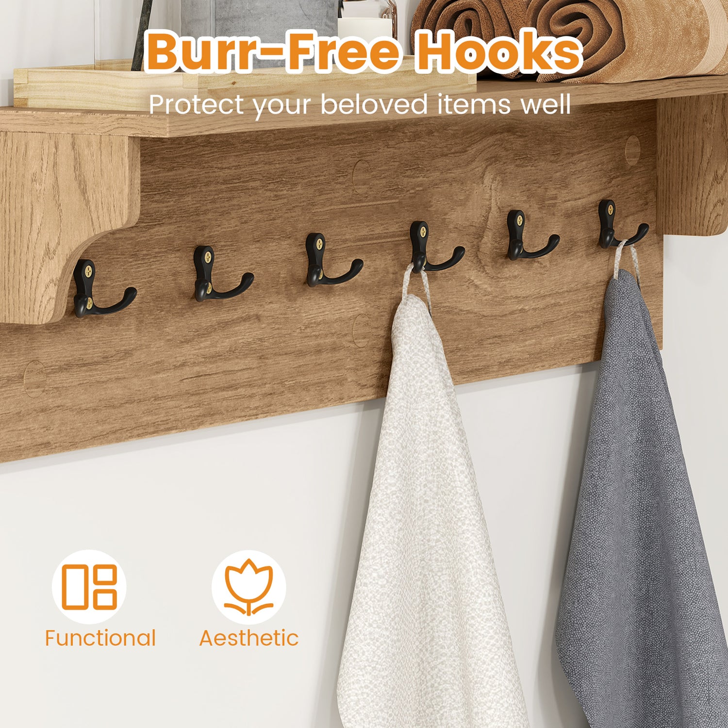 Wall Hooks with Shelf 31.5inch Wooden Coat Rack with 6 Hooks for Hats Towels Purses Robes