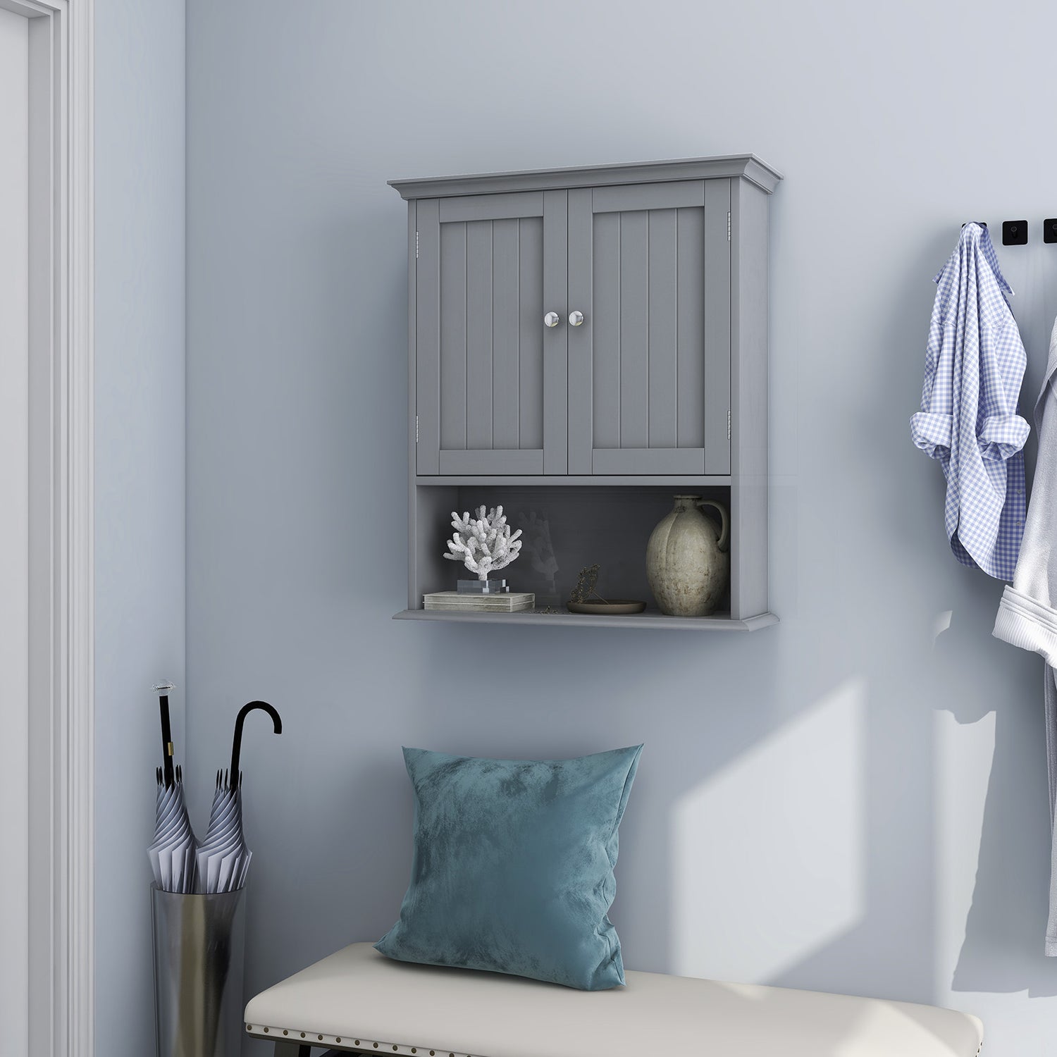 Wall Mount Bathroom Cabinet Storage Organizer with Doors and Shelves