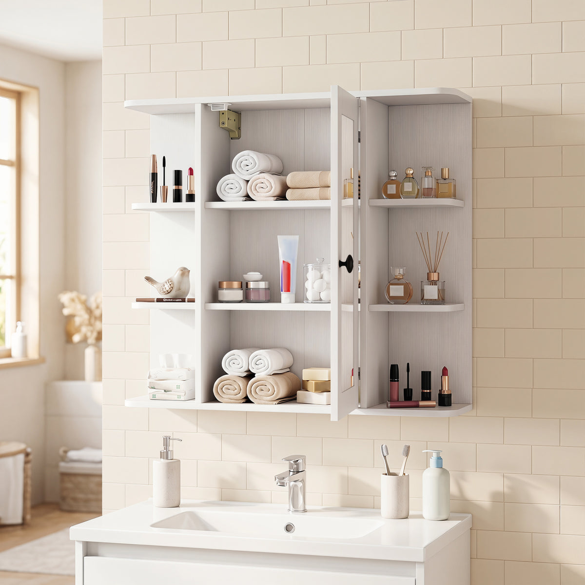 Wall Mounted Bathroom Medicine Cabinet with Mirror and Shelves