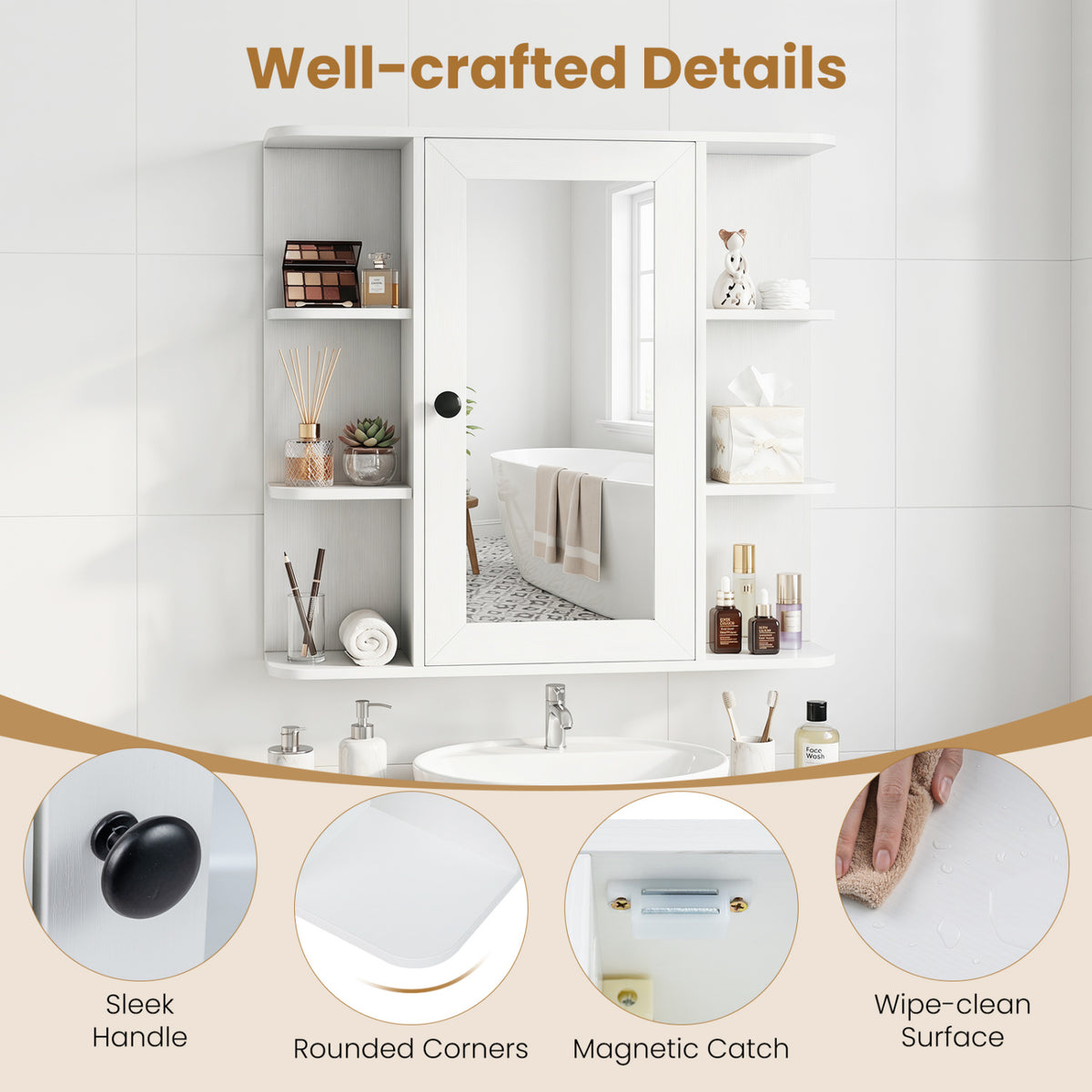 Wall Mounted Bathroom Medicine Cabinet with Mirror and Shelves