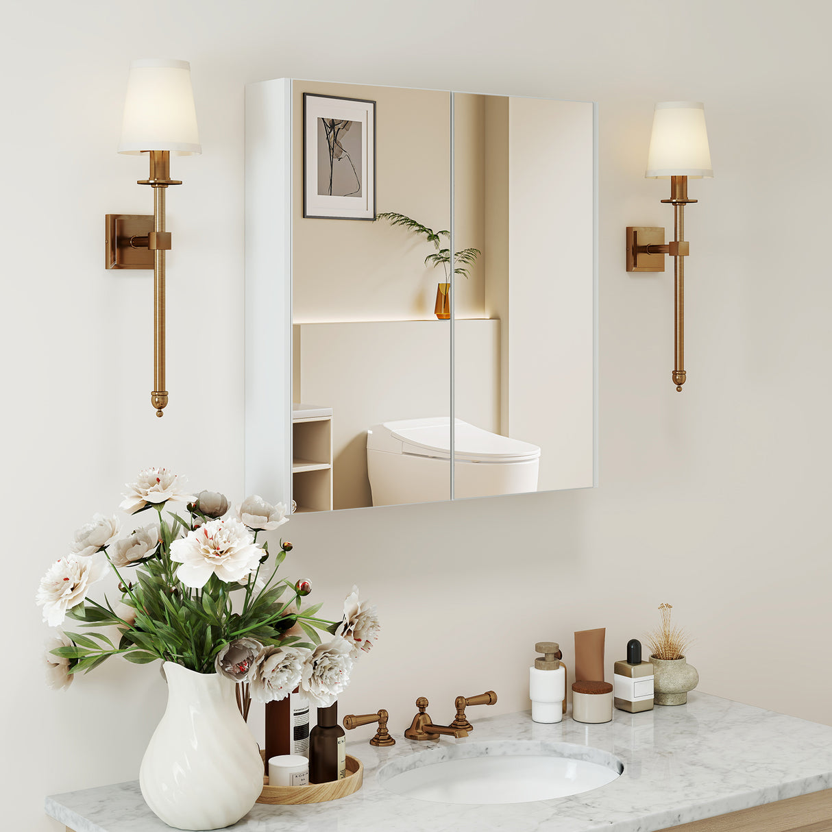 Double Door Bathroom Wall Cabinet with Mirror and Adjustable Shelf