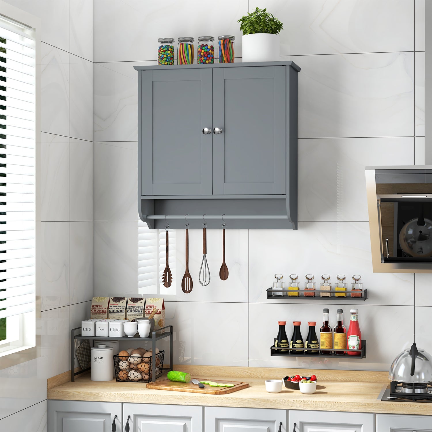Wall Mounted Bathroom Storage Medicine Cabinet with Towel Bar-Gray