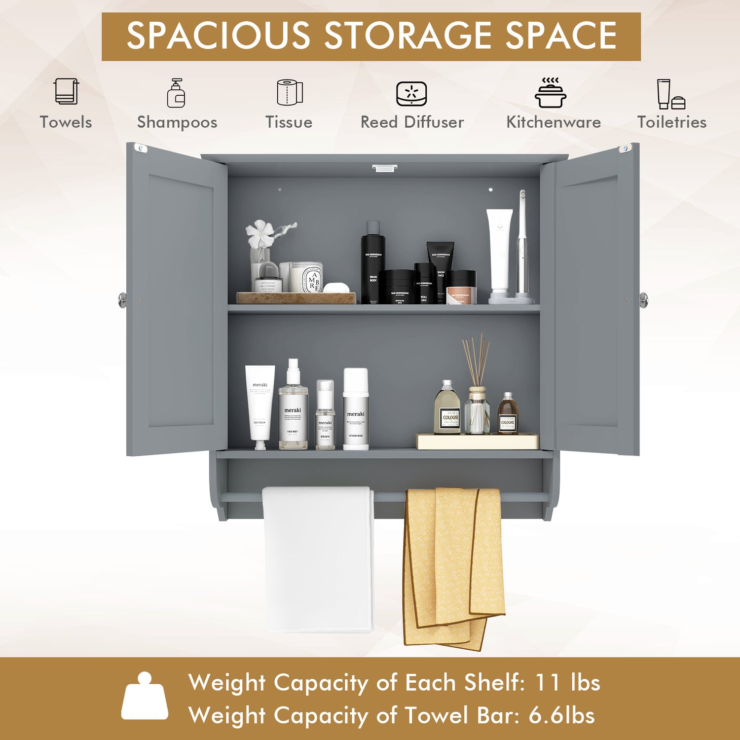 Wall Mounted Bathroom Storage Medicine Cabinet with Towel Bar-Gray