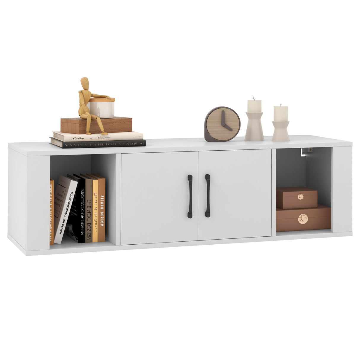 Wall Mounted Floating 2 Door Desk Hutch Storage Shelves
