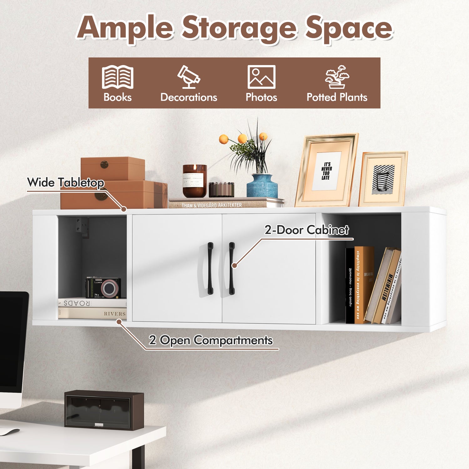 Wall Mounted Floating 2 Door Desk Hutch Storage Shelves