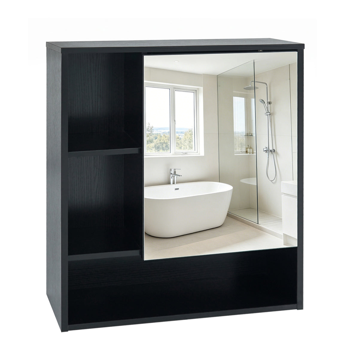 Wall-Mounted Mirror Cabinet with 2 Hidden Shelves and 3 Open Compartments