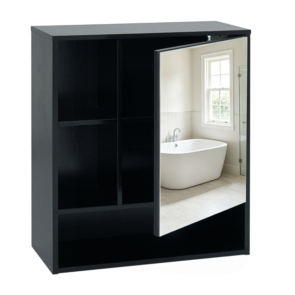 Wall-Mounted Mirror Cabinet with 2 Hidden Shelves and 3 Open Compartments