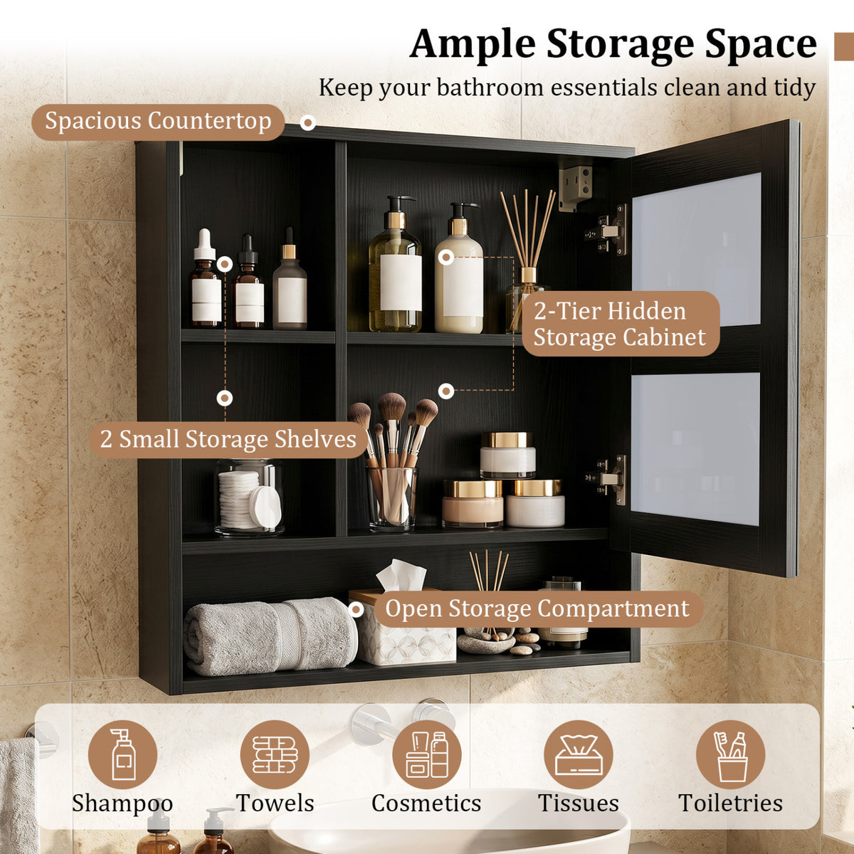 Wall-Mounted Mirror Cabinet with 2 Hidden Shelves and 3 Open Compartments