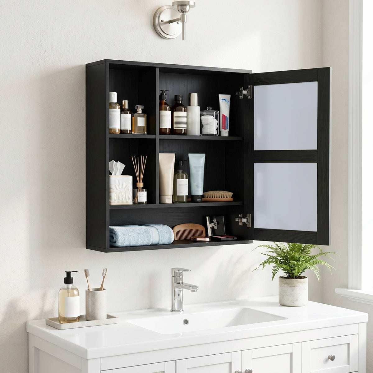Wall-Mounted Mirror Cabinet with 2 Hidden Shelves and 3 Open Compartments