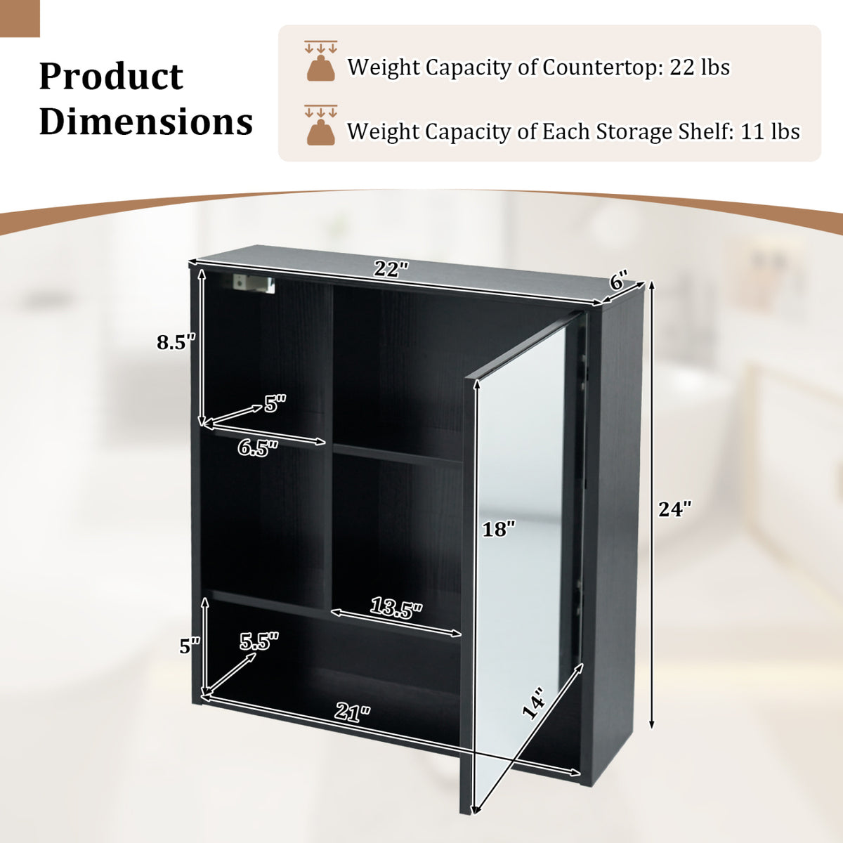 Wall-Mounted Mirror Cabinet with 2 Hidden Shelves and 3 Open Compartments