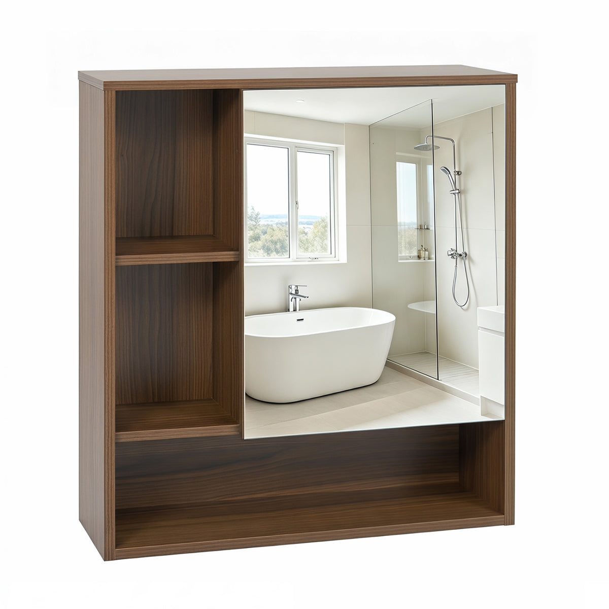 Wall-Mounted Mirror Cabinet with 2 Hidden Shelves and 3 Open Compartments