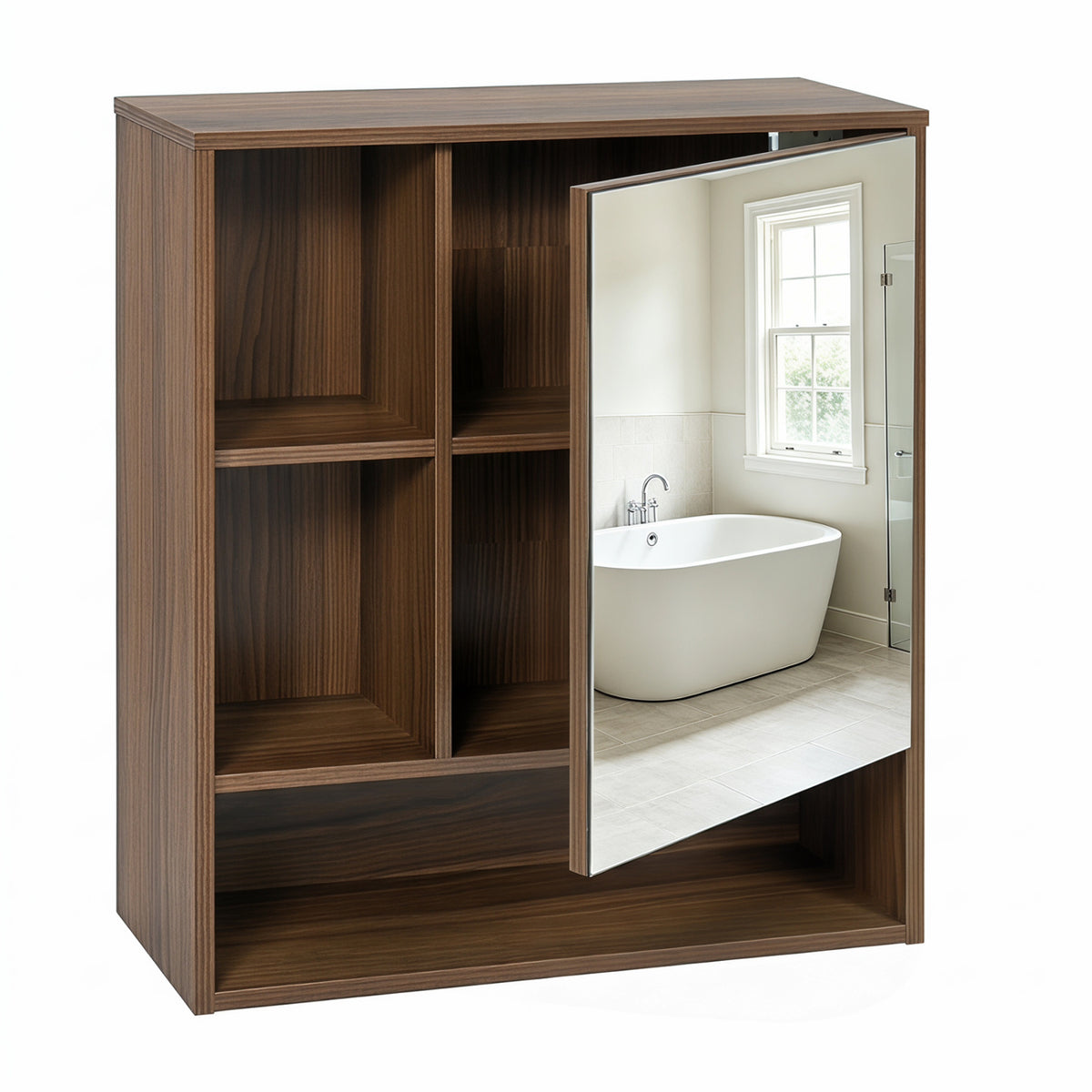Wall-Mounted Mirror Cabinet with 2 Hidden Shelves and 3 Open Compartments